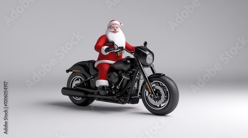 Santa Claus joyfully rides a Harley motorcycle, spreading holiday cheer with a wave against a snowy backdrop