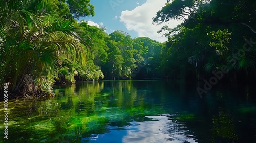 Lush Green Jungle Canopy Over Tranquil Blue Water