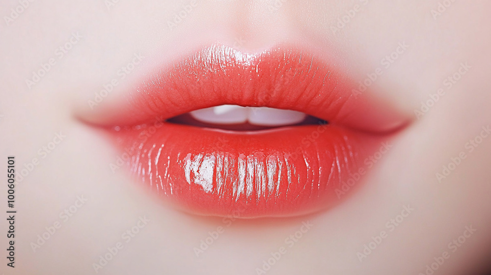 Bright painted red lips close-up
