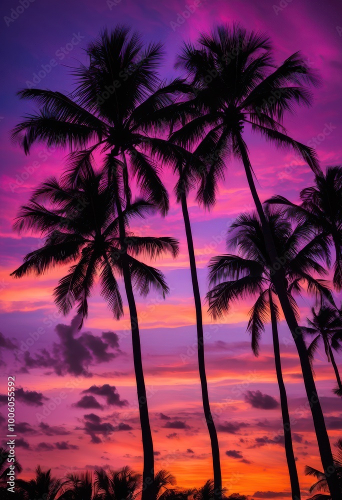 lush palm trees silhouetted vibrant sunset backdrop colorful skies purple tones enhancing tranquil tropical atmosphere, sky, orange, pink, landscape, glow lush palm trees silhouetted vibrant sunset backdrop colorful skies purple tones enhancing tranquil tropical atmosphere, sky, orange, pink, landscape, glow