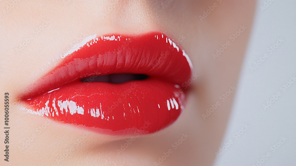 Bright painted red lips close-up