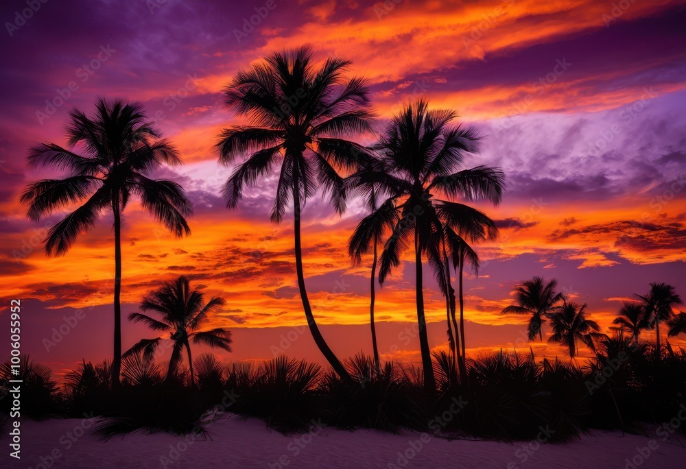 vibrant silhouette palm trees set rich orange purple sunset sky soft clouds creating tropical scenic landscape, nature, evening, warm, color, tranquil, beauty