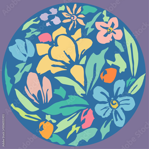 Circle Ornament, summer colorful flowers and butterflies, hand draw with a texture, childish style, modern