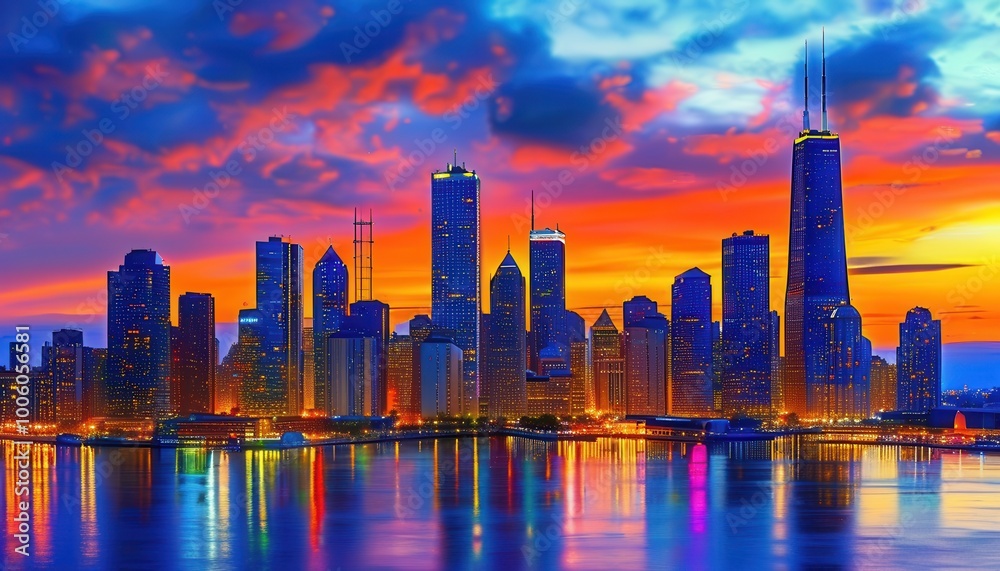 Fototapeta premium Vibrant City Skyline at Sunset with Reflections