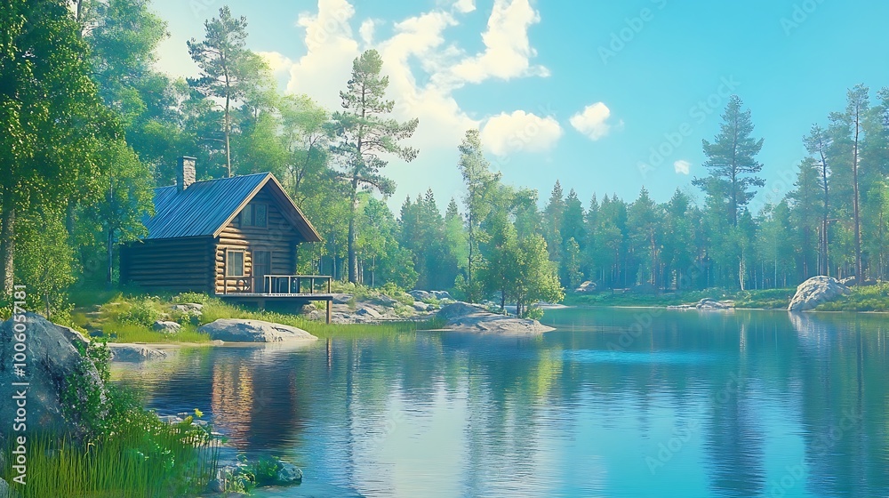 Fototapeta premium Idyllic Cabin by a Serene Lake in the Woods.