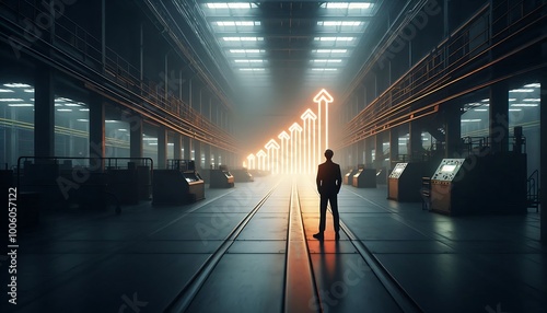 A Factory Worker Faces the Horizon in an Expansive Space, Observing the Contrast of Neon Price Lines Against the Muted Industrial Background 