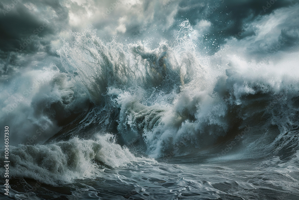 Obraz premium Generative ai on theme of a scary tsunami with huge foamy wave, apocalyptic dramatic background