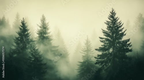 Misty landscape with fir forest in vintage retro style. Generative AI 