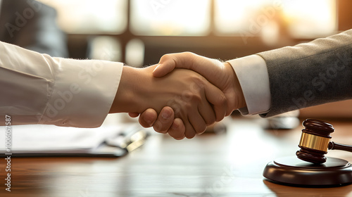 The image depicts a formal handshake between two suited individuals in an office. photo