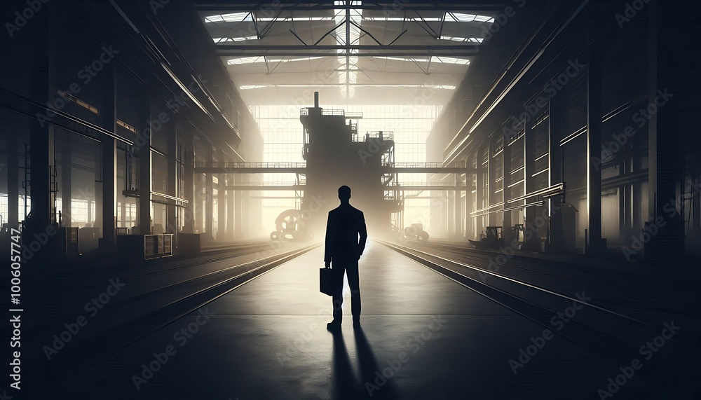 A Factory Worker Standing in an Empty Space Looking Towards Large Machinery in the Background 