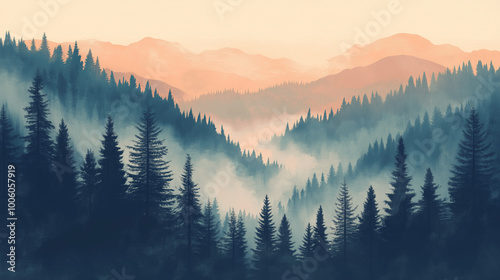 Misty landscape with fir forest in vintage retro style. Generative AI
