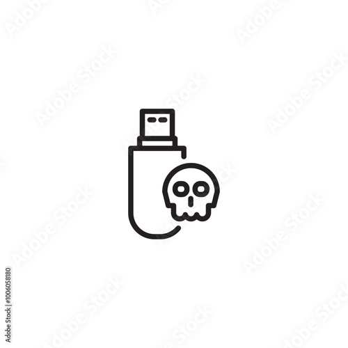 Icon of a USB drive with a skull, indicating malware risk. USB drive and skull, depicting potential data threat. USB drive with skull icon, representing data risk.