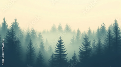 Misty landscape with fir forest in vintage retro style. Generative AI
