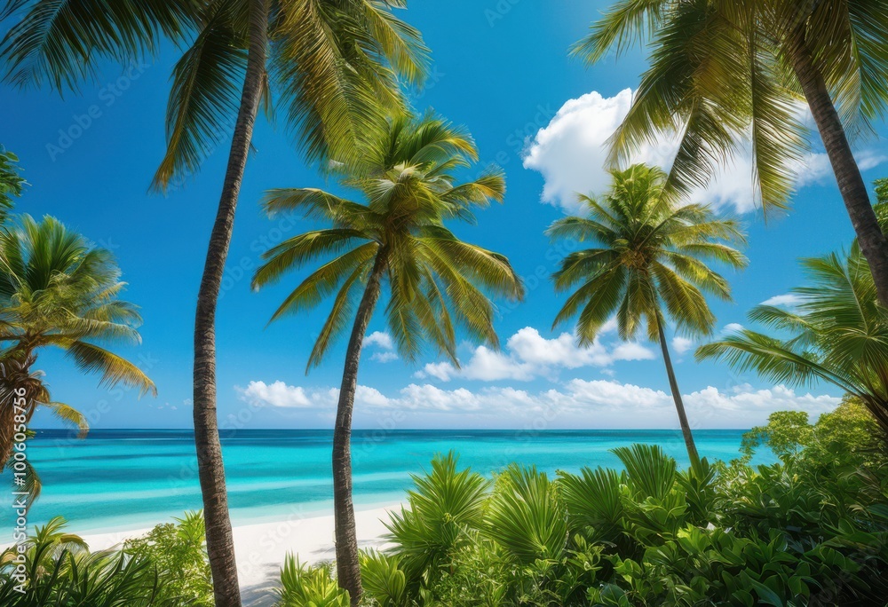 vibrant palm trees capturing essence clear blue sky framed splendor tropical beauty, azure, paradise, foliage, greenery, leaves, sunlight, landscape vibrant palm trees capturing essence clear blue sky framed splendor tropical beauty, azure, paradise, foliage, greenery, leaves, sunlight, landscape
