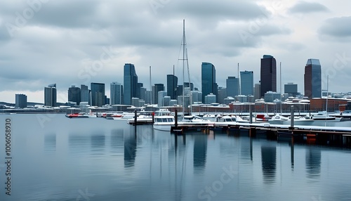 A winter cityscape featuring a skyline with modern buildings, gray skies, and boats docked in a calm water body. photo