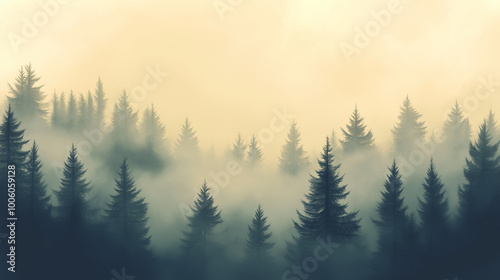 Misty landscape with fir forest in vintage retro style. Generative AI
