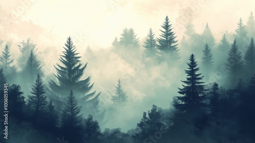 Misty landscape with fir forest in vintage retro style. Generative AI 