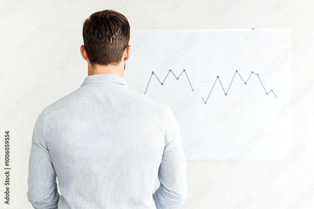 Businessman works with chart on board. Businessman works with chart on board.