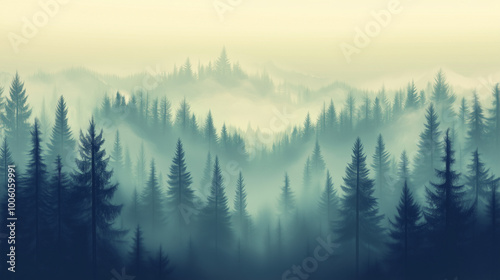 Misty landscape with fir forest in vintage retro style. Generative AI
