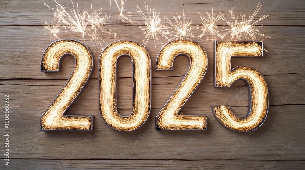A dazzling display of golden 2025 surrounded by sparkling stars and shimmering light effects, celebrating a bright new year A dazzling display of golden 2025 surrounded by sparkling stars and shimmering light effects, celebrating a bright new year