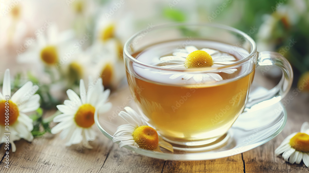 Cup of chamomile tea and camomile white and yellow flowers, table top creative background with copy space. Bright picture of natural herbal tea on a beautiful background. Cup of chamomile tea and camomile white and yellow flowers, table top creative background with copy space. Bright picture of natural herbal tea on a beautiful background.