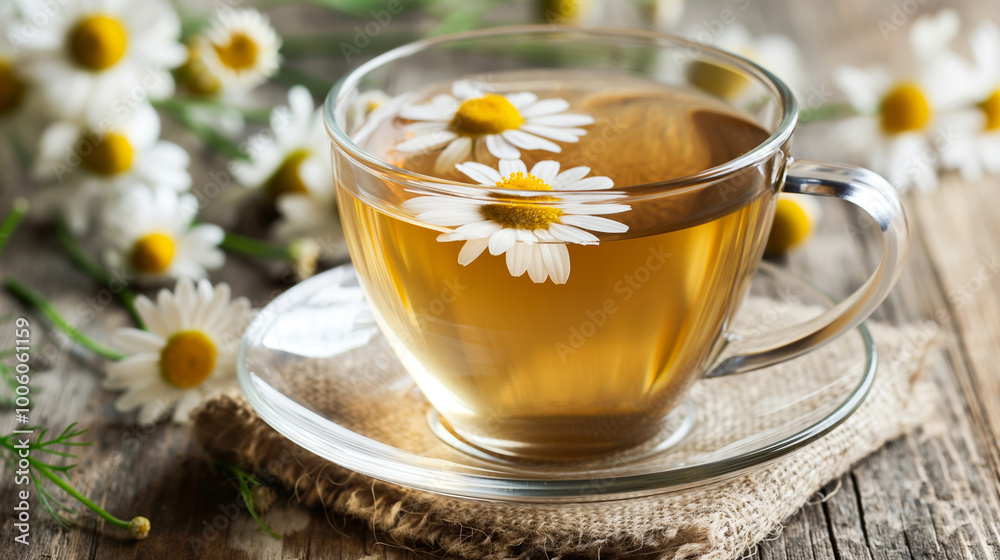 Cup of chamomile tea and camomile white and yellow flowers, table top creative background with copy space. Bright picture of natural herbal tea on a beautiful background. Cup of chamomile tea and camomile white and yellow flowers, table top creative background with copy space. Bright picture of natural herbal tea on a beautiful background.