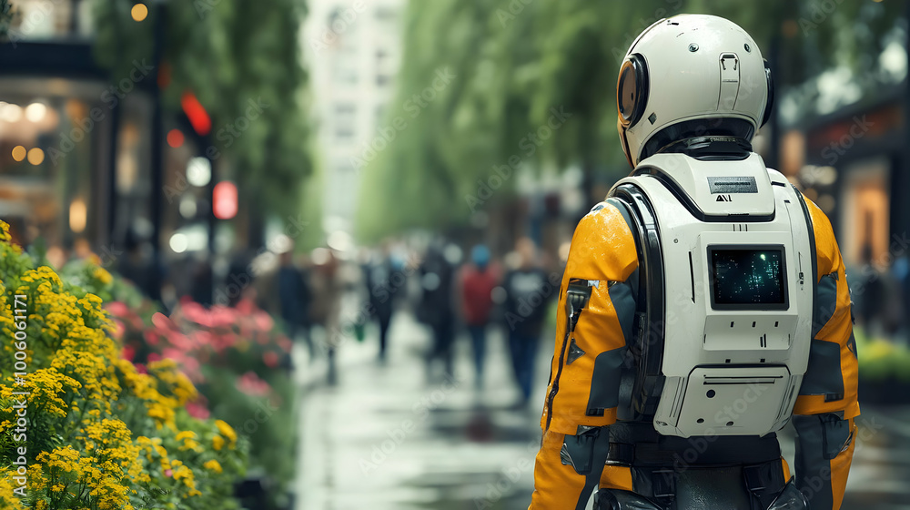 Robot Walks Through City with Flowers and Rain Robot Walks Through City with Flowers and Rain
