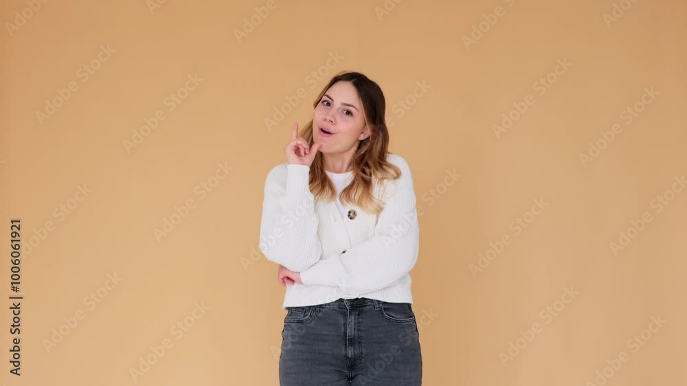 Dreamy Caucasian young woman searching decision or question answer, standing on beige background. Concept of an inspiration, imagination, planning, brainstorming. Dreamy Caucasian young woman searching decision or question answer, standing on beige background. Concept of an inspiration, imagination, planning, brainstorming.