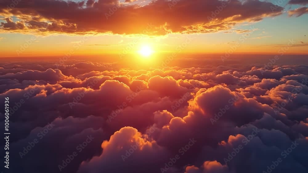 A beautiful sunset viewed from above, with clouds below and the sun painting the sky with intense colors A beautiful sunset viewed from above, with clouds below and the sun painting the sky with intense colors
