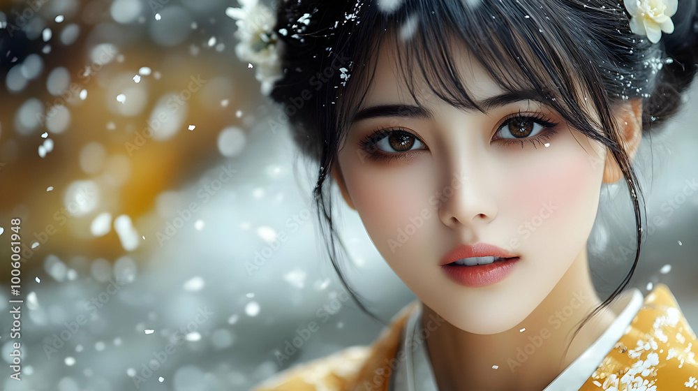 Winter Beauty: A Close-Up Portrait of a Woman with Snow Falling Winter Beauty: A Close-Up Portrait of a Woman with Snow Falling