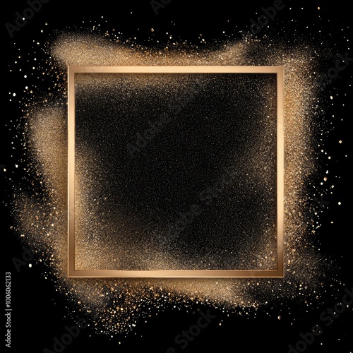 A luxurious gold glitter frame surrounded by shimmering golden dust against a rich black background, creating an elegant display of opulence