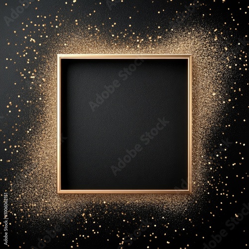 A luxurious gold glitter frame surrounded by shimmering golden dust against a rich black background, creating an elegant display of opulence