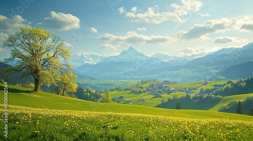 Serene Landscape with Mountains and Blossoming Fields