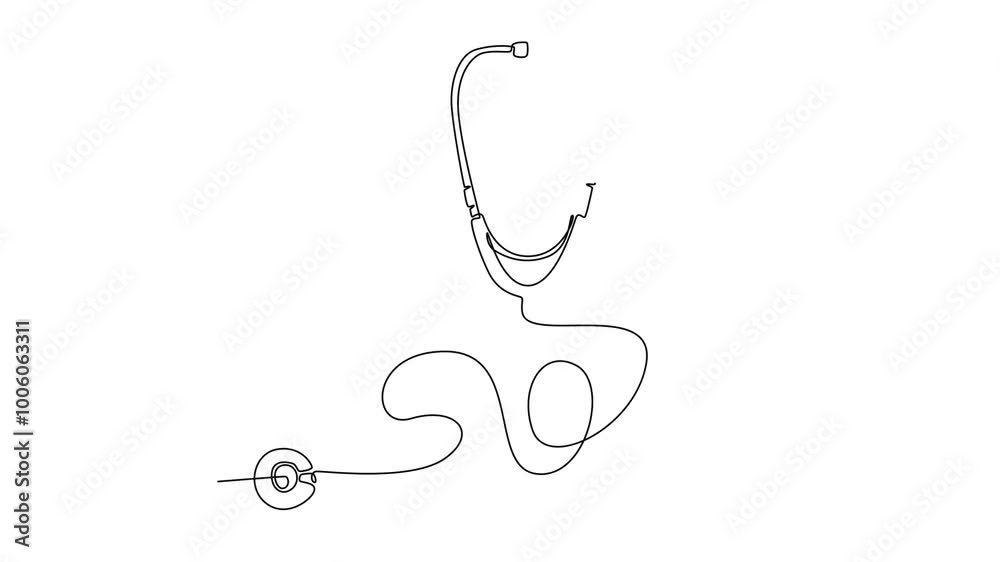 Self drawing animation of single line draw of stethoscope icon for hospital doctor equipment. Examine heart pulse patient. Medicine and medical healthy logo. Continuous line draw. Full length animated Self drawing animation of single line draw of stethoscope icon for hospital doctor equipment. Examine heart pulse patient. Medicine and medical healthy logo. Continuous line draw. Full length animated