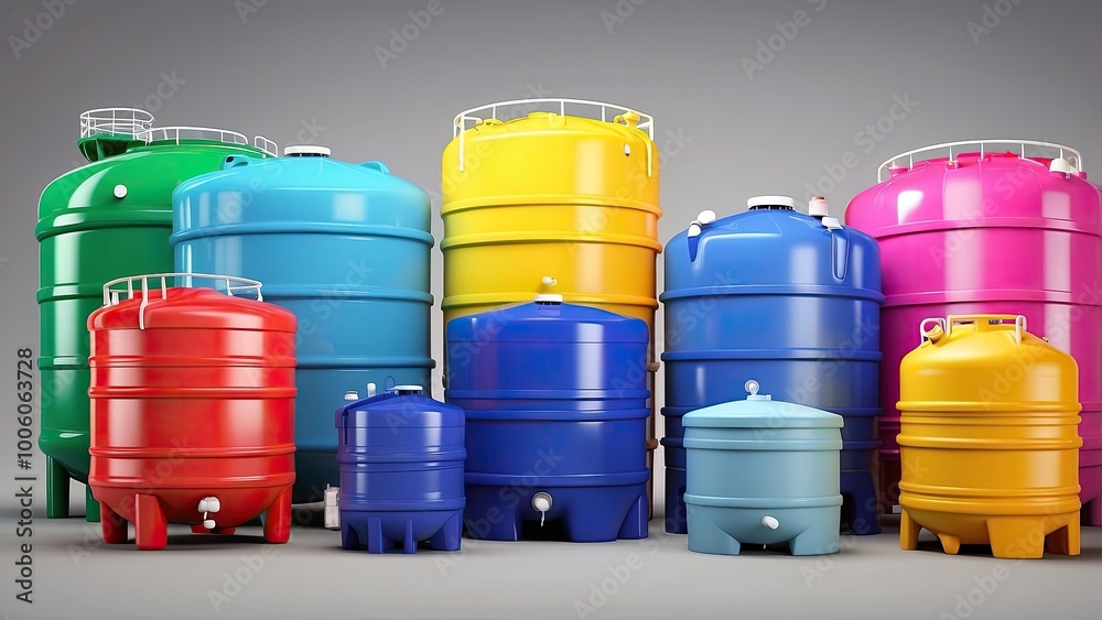 Collection of colorful 3D-rendered plastic water tanks, showcasing their diverse designs for industrial and residential reservoirs. Collection of colorful 3D-rendered plastic water tanks, showcasing their diverse designs for industrial and residential reservoirs.