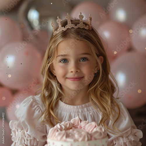 Cute little girl in crown with Birthday cake and balloons on pink background. Made with generative ai.