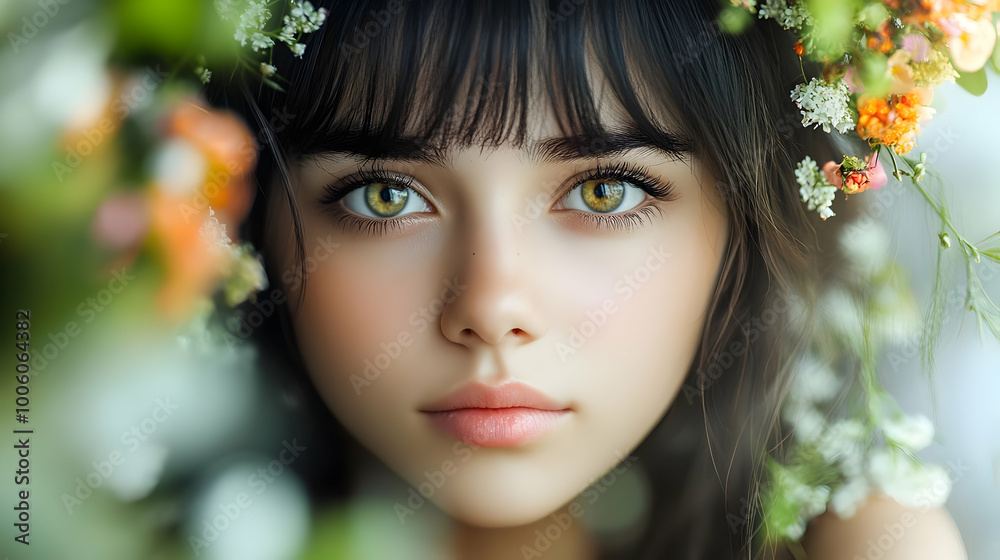 Woman with Flower Crown and Green Eyes