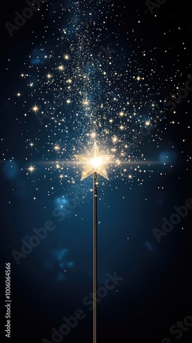 A shimmering magic wand with a star tip casting sparkles against a deep blue night sky full of enchantment and wonder