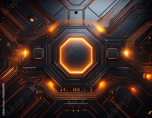 Abstract Black Technology Texture with Orange Glowing Elements, Futuristic Circuit Board Background, High-Tech Digital Concept for Innovation, Cybersecurity, and Modern Design