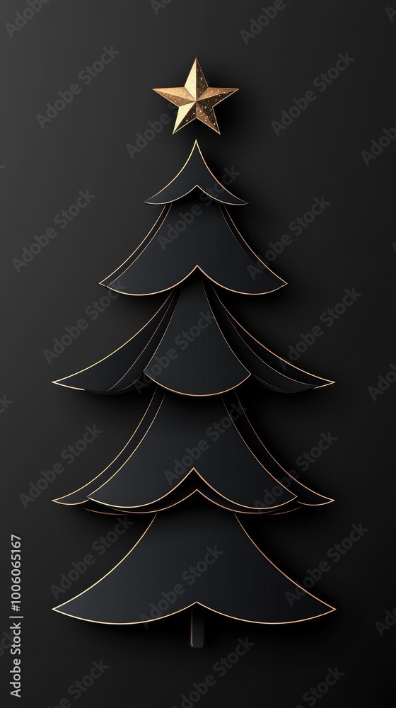 Obraz premium A sparkling golden Christmas tree adorned with a star, radiating warmth and magic against a sleek black background