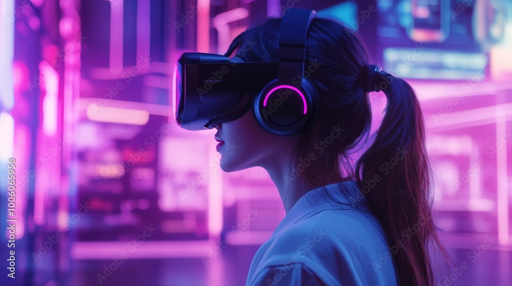 A female gamer live streaming an intense online gaming match, wearing a sleek gaming headset and streaming to a large audience. Her backdrop features neon lights and futuristic game posters.