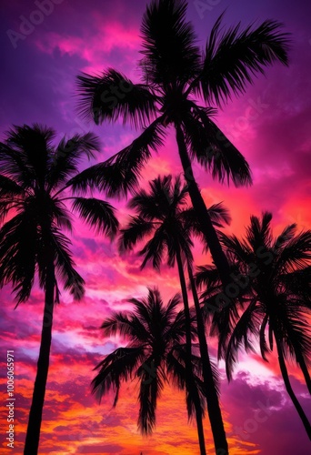 vibrant palm tree silhouettes stunning graphic designs featuring bold colors unique shapes enhance visual appeal  tropical  beach  summer  nature  decoration