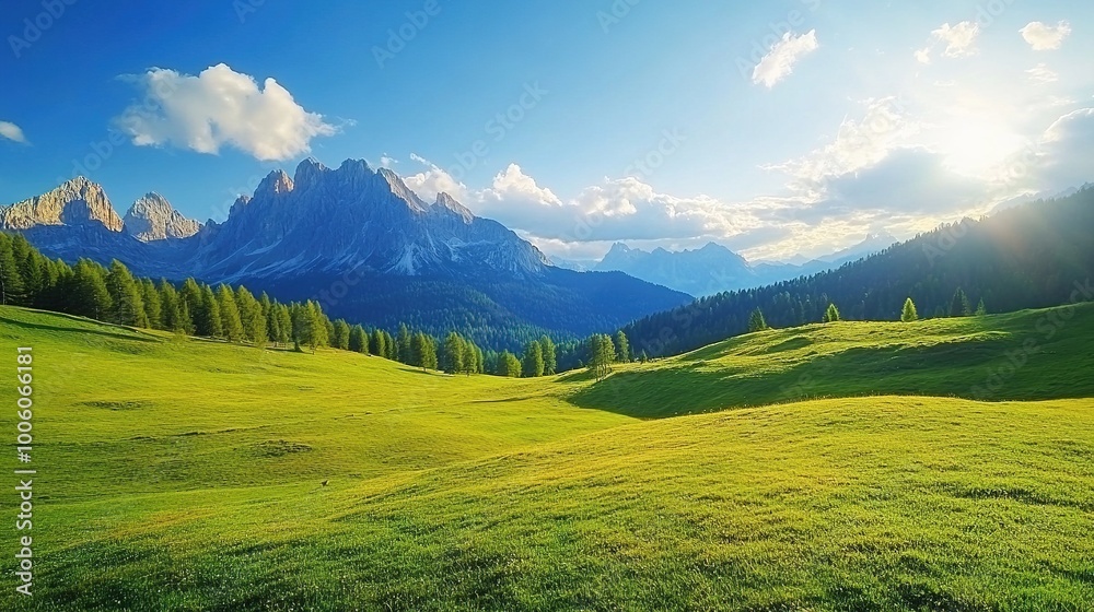 Fototapeta premium Scenic Mountain Landscape with Green Meadows and Blue Sky