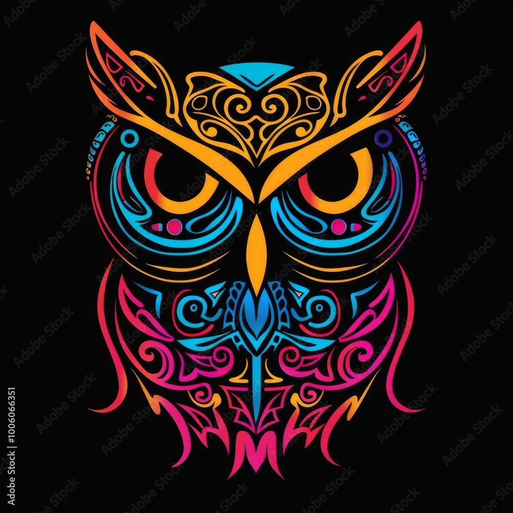 Owl head with minimalistic tribal designs in bright colors. Owl head with minimalistic tribal designs in bright colors.