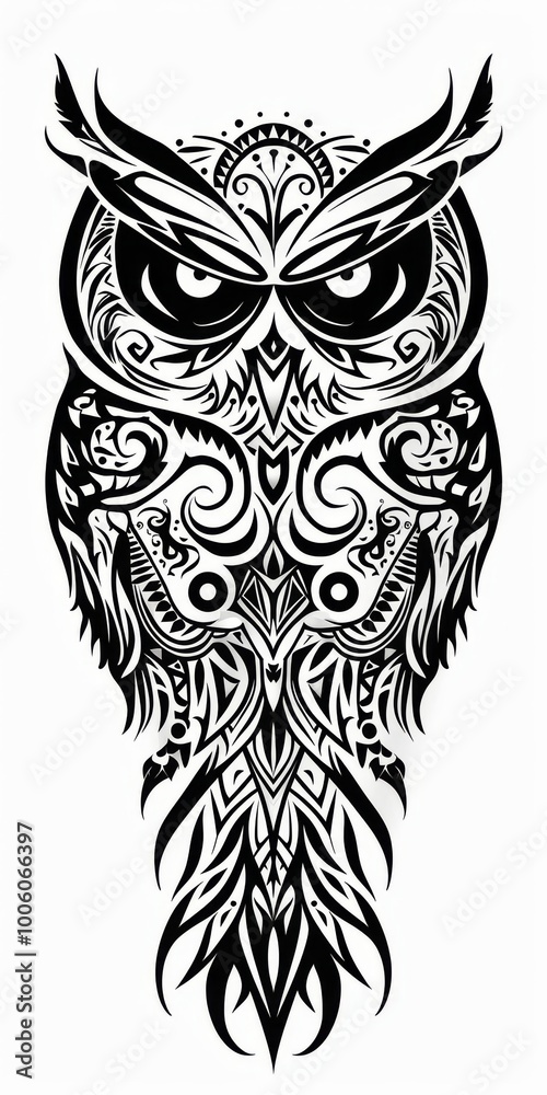 Owl head with ornate tribal decorations in a flat lay view. Owl head with ornate tribal decorations in a flat lay view.