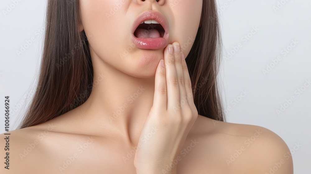 2409_411.portrait of a young asian woman with long brunette hair making a disgusted face while checking her breath with her hand, highlighting her strong dislike for bad mouth odor, captured against 2409_411.portrait of a young asian woman with long brunette hair making a disgusted face while checking her breath with her hand, highlighting her strong dislike for bad mouth odor, captured against