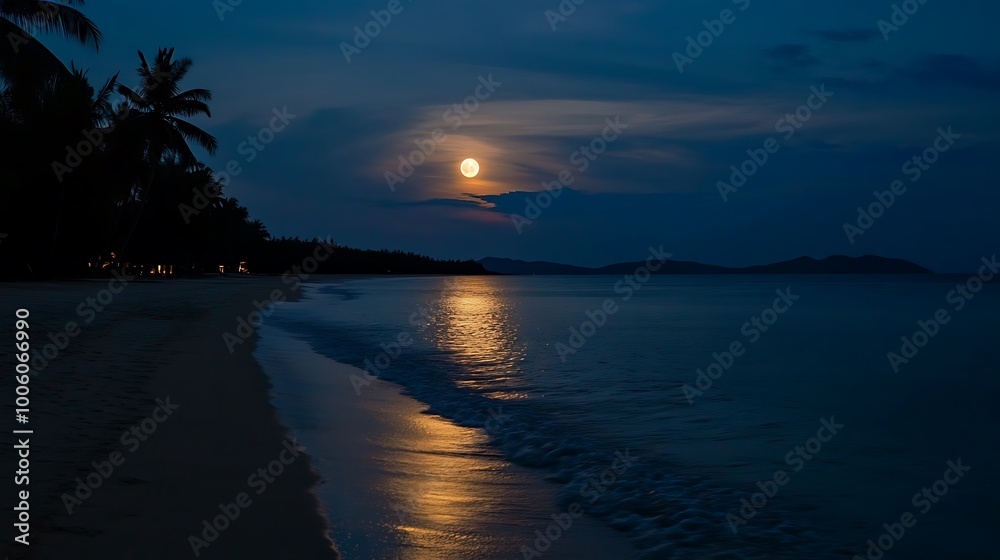 Obraz premium Serene Nighttime Beachscape with Full Moon Reflection.