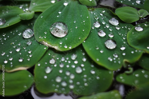 Close-up of water lettuce, bright green leaves covered in water droplets after rainfall. 
