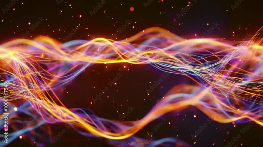 A slow-moving galaxy of light ribbons, own gentle wave pattern, rotates zero gravity. waves expand and contract, part of a larger cosmic structure, 4k High-Quality Background Video A slow-moving galaxy of light ribbons, own gentle wave pattern, rotates zero gravity. waves expand and contract, part of a larger cosmic structure, 4k High-Quality Background Video