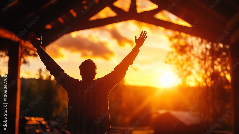 Fototapeta premium Person celebrating at sunset, silhouetted against a vibrant sky.